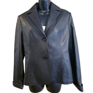 Womans Classic Black Leather Blazer Jacket Tailored Cut Office Biker Size Large